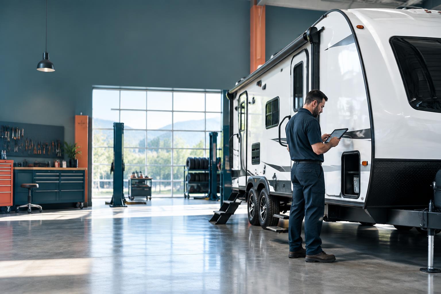Editorial illustration of a technician using a tablet in an RV service workshop